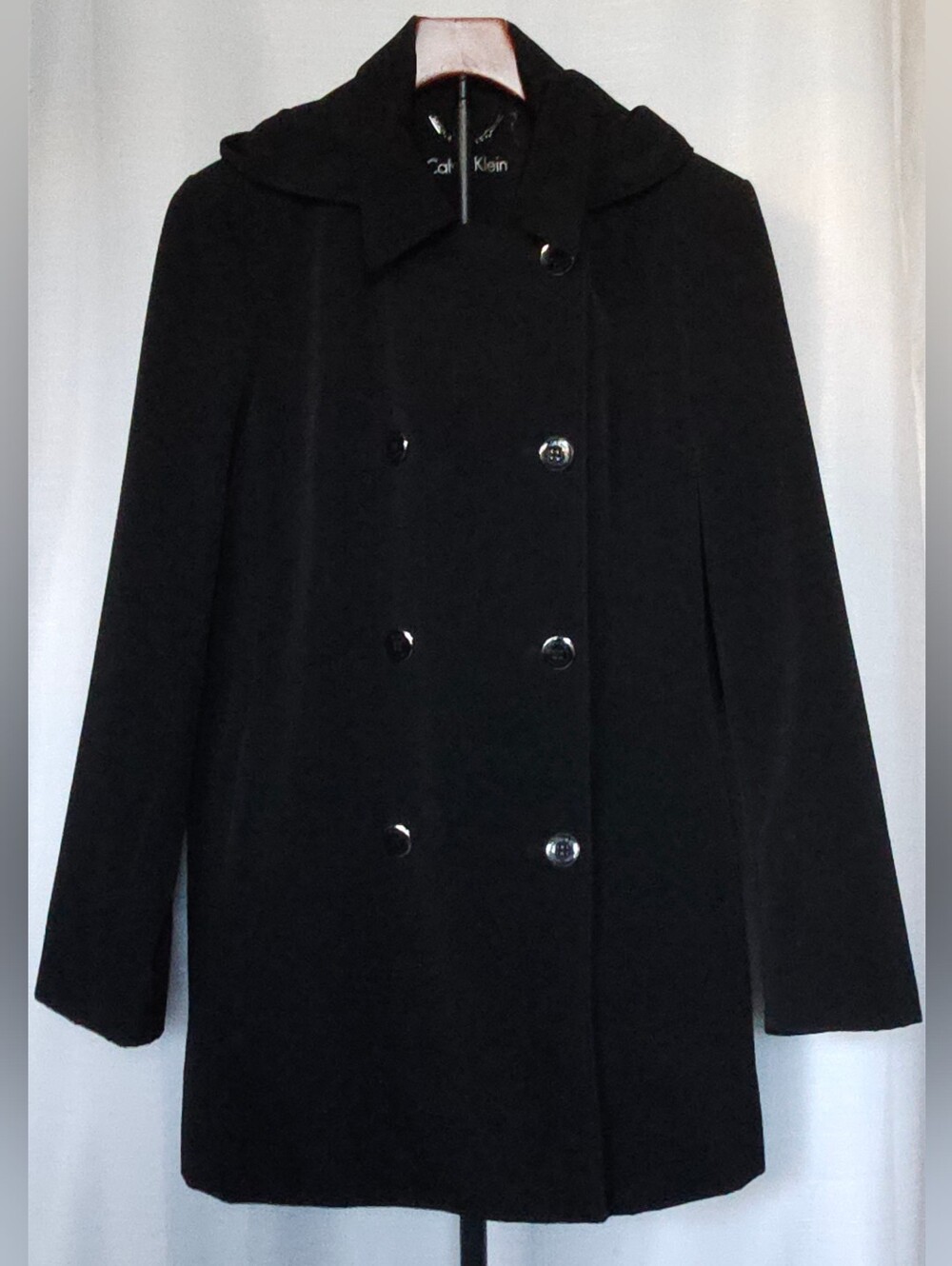Calvin Klein Black Double Breasted Hooded Peacoat Jacket Coat Large